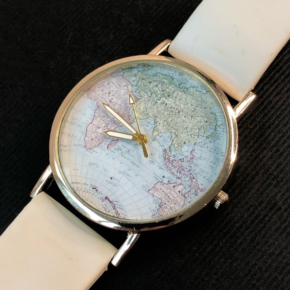 Retro Wanderlust World Map Watch with White Band